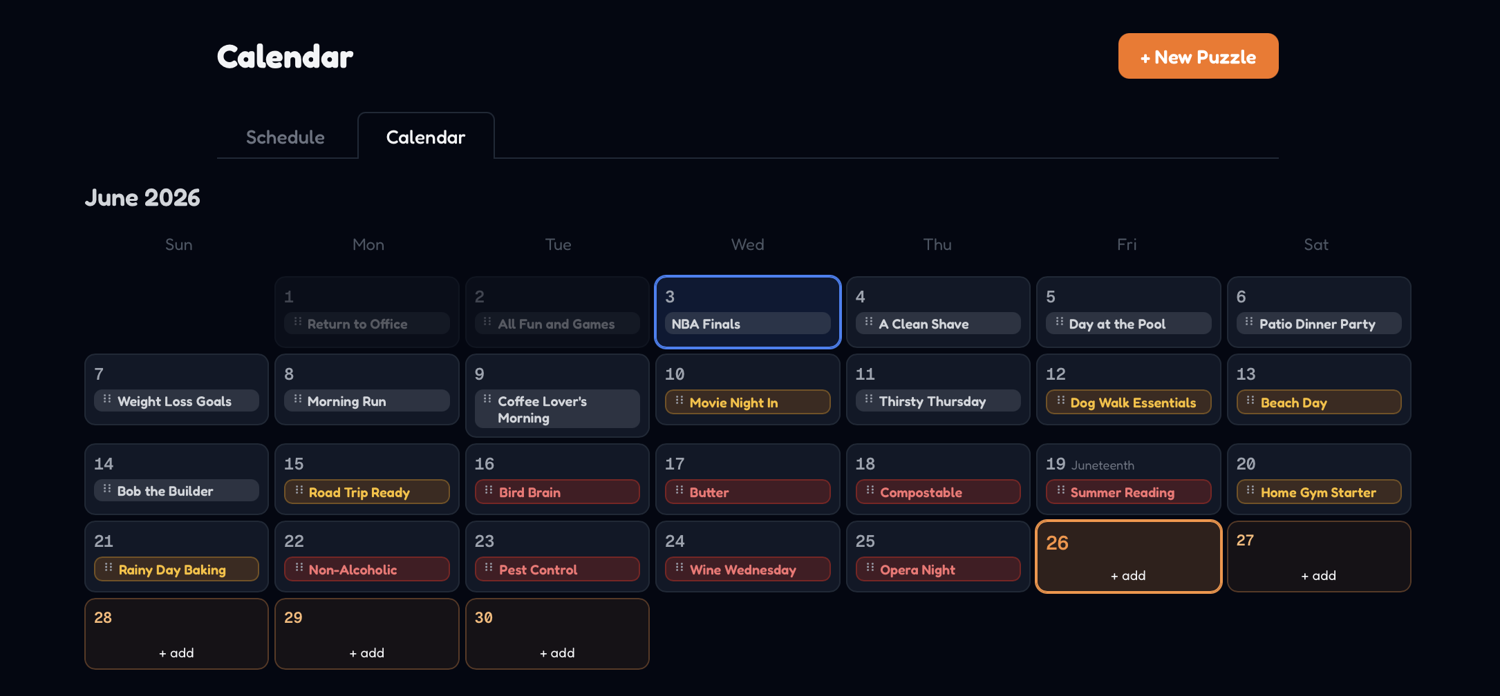Calendar lets me move puzzles across a whole month easily